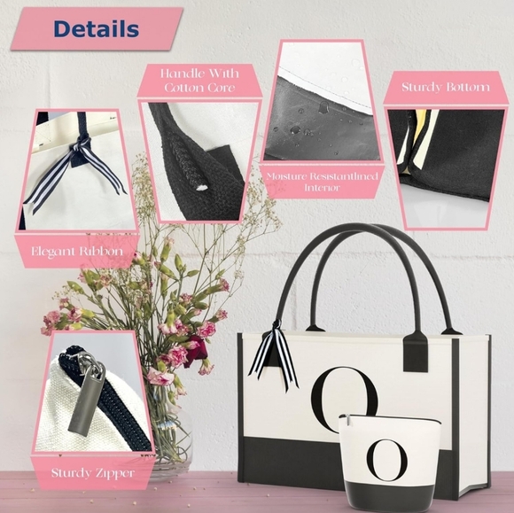 2-Piece Embroidered Canvas Tote Bag with Zipper Pockets - 6.3" D, 13" H, 17" L - Picture 3 of 6